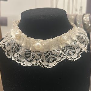 White lace choker necklace or garter Pearl accent collar